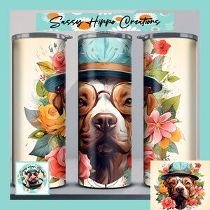 Skinny Tumbler Pit Bull Dog Puppy in Hat Anthropomorphic Flowers Stainless-Steel